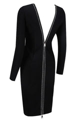 LONG SLEEVE CRYSTAL BANDAGE MIDI DRESS IN BLACK LEATHERETTE PIECES styleofcb