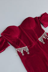 BURGUNDY VELVET OFF SHOULDER SIDE TAIL SLIT MAXI DRESS styleofcb