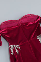 BURGUNDY VELVET OFF SHOULDER SIDE TAIL SLIT MAXI DRESS styleofcb