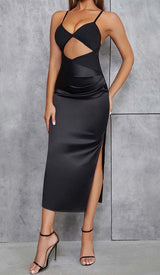 CUT OUT FRONT SATIN CAMI MIDI DRESS IN BLACK DRESS STYLE OF CB
