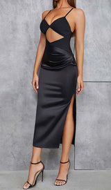 CUT OUT FRONT SATIN CAMI MIDI DRESS IN BLACK DRESS STYLE OF CB