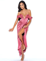 Xophia Mauve Pink Off Shoulder Satin Corset High Slit Dress Dresses Oh CiCi