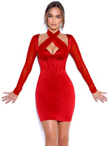 Jocelynn Burgundy Satin Mesh Long Sleeve Corset Dress Dresses Oh CiCi