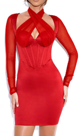 Jocelynn Burgundy Satin Mesh Long Sleeve Corset Dress Dresses Oh CiCi