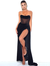 Priya Black Draping Corset High Slit Velvet Gown Dresses Oh CiCi