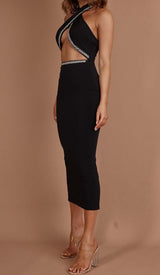 DIAMANTE TRIM MIDI DRESS IN BLACK DRESS STYLE OF CB