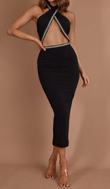 DIAMANTE TRIM MIDI DRESS IN BLACK DRESS STYLE OF CB