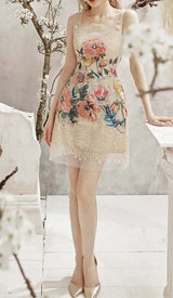 EMBROIDERY FLOWER LACE MIDI DRESS IN BEIGE styleofcb