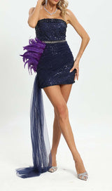 FEATHER SEQUIN MIDI DRESS IN PURPLE DRESS STYLE OF CB
