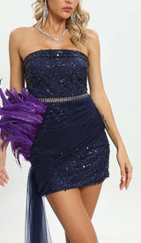 FEATHER SEQUIN MIDI DRESS IN PURPLE DRESS STYLE OF CB