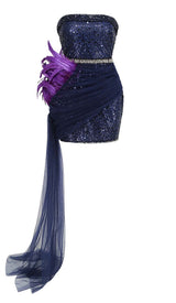 FEATHER SEQUIN MIDI DRESS IN PURPLE DRESS STYLE OF CB