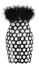 FEATHER TRIM POLKA DOT MINI DRESS DRESS STYLE OF CB