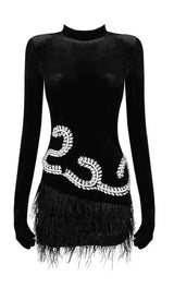 FEATHER VELVET GLOVES MINI DRESS IN BLACK DRESS sis label