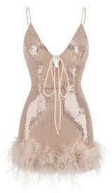 FEATHER PLUNGE MINI DRESS IN CREAMY BEIGE DRESS STYLE OF CB