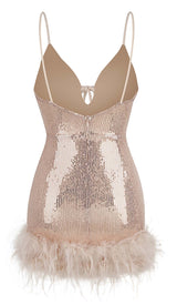 FEATHER PLUNGE MINI DRESS IN CREAMY BEIGE DRESS STYLE OF CB