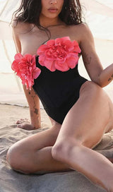 FLORAL APPLIQUÉD CORSET SWIMSUIT IN BLACK DRESS STYLE OF CB