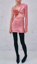 FLORAL ONE SHOULDER SATIN MINI DRESS IN PINK DRESS sis label