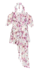 FLORAL PRINT COLD SHOULDER HALTER HIGH LOW DRESS DRESS STYLE OF CB