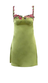 FLORAL STRAP SATIN MINI DRESS DRESS STYLE OF CB S GREEN