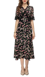 FLORAL PRINT RUFFLE MIDI DRESS IN MULTI-COLOR DRESS STYLE OF CB