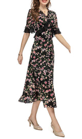 FLORAL PRINT RUFFLE MIDI DRESS IN MULTI-COLOR DRESS STYLE OF CB