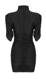 FLOWER-EMBELLISHED RUCHED MINI DRESS IN BLACK DRESS STYLE OF CB