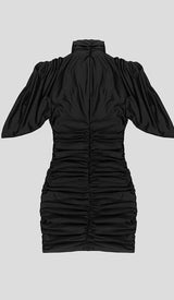 FLOWER-EMBELLISHED RUCHED MINI DRESS IN BLACK DRESS STYLE OF CB