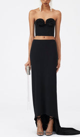 FLOWER APPLIQUE BUSTIER-STYLE TOP IN BLACK DRESS STYLE OF CB