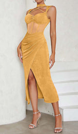 HALTER BANDAGE MIDI DRESS IN YELLOW DRESS STYLE OF CB