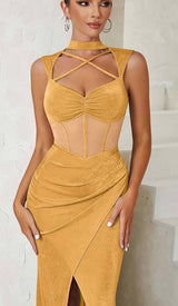 HALTER BANDAGE MIDI DRESS IN YELLOW DRESS STYLE OF CB