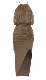 HALTER NECK SATIN DRESS IN BROWN DRESS sis label