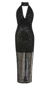 HALTER SLEEVELESS SEQUIN MAXI DRESS IN BLACK DRESS STYLE OF CB