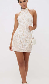 HIGH NECK CROCHET MINI DRESS IN BEIGE DRESS styleofcbdress