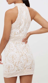 HIGH NECK CROCHET MINI DRESS IN BEIGE DRESS styleofcbdress