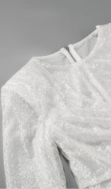 SEQUINED FEATHER MINI DRESS IN WHITE styleofcb