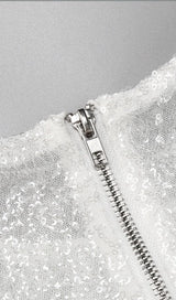 SEQUINED FEATHER MINI DRESS IN WHITE styleofcb