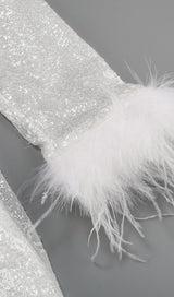 SEQUINED FEATHER MINI DRESS IN WHITE styleofcb