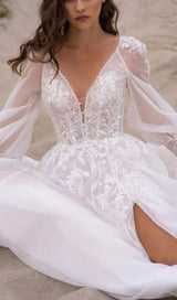 HIGH SPLIT LONG-SLEEVED WEDDING DRESS IN WHITE styleofcb