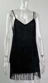 FRINGED SUSPENDER DRESS IN BLACK styleofcb