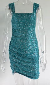 SQUARE-NECK SEQUIN SUSPENDER DRESS IN BLUE styleofcb