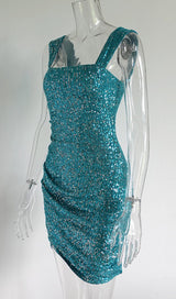 SQUARE-NECK SEQUIN SUSPENDER DRESS IN BLUE styleofcb