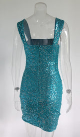 SQUARE-NECK SEQUIN SUSPENDER DRESS IN BLUE styleofcb