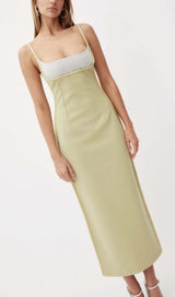 COLOR BLOCK SUSPENDER MIDI DRESS IN LETTUCE GREEN styleofcb
