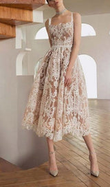 LACE STRAPPY MIDI DRESS IN APRICOT WHITE styleofcb