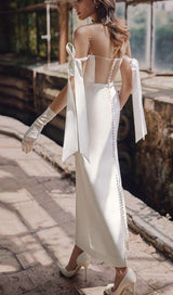 SATIN PEARL SUSPENDER MAXI DRESS IN WHITE styleofcb