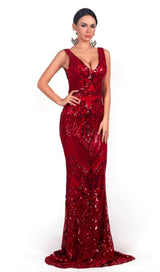V-NECK SLEEVELESS SEQUINS MAXI DRESS IN RED styleofcb