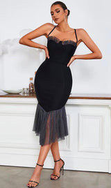 SHINY MESH STITCHED FISHTAIL SUSPENDER MIDI DRESS IN BLACK styleofcb