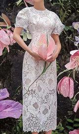 LACE HOLLOW EMBROIDERY A LINE MIDI DRESS IN WHITE DRESS sis label