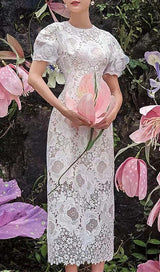 LACE HOLLOW EMBROIDERY A LINE MIDI DRESS IN WHITE DRESS sis label