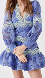 LACE SLEEVE TRIM DETAIL MINI DRESS IN BLUE DRESS styleofcb